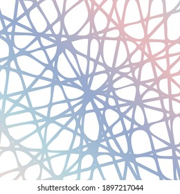 Abstrakter Hintergrund, der von den chaotisch platzierten Kreuzlinien gebildet wird. Dickige Linie gefüllt mit blauem rosa Farbverlauf. Futuristischer Hintergrund für Karten, Poster, als Design-Element.