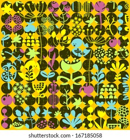 Abstract background made of circles with birds and flowers on it. Vector modern pattern.