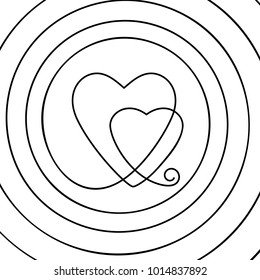 Fundo abstrato feito de linha contínua desenhando dois corações em espiral, preto e branco vetor minimalista ilustração do conceito de amor