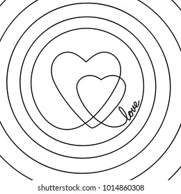 Abstract background made of continuous line drawing of two hearts and word LOVE inside spiral, Black and white vector minimalist illustration of love and life concept