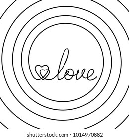 Abstract background made of continuous line drawing of two hearts and word LOVE inside spiral, Black and white vector minimalist illustration of love and life concept