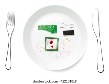 Abstract background made of dinner plate with various computer parts in it by fork and knife