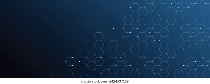 Abstract background made of dots and hexagons in dark blue neon color, technology concept, science, engineering, digital technology, innovation and internet.