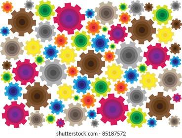 abstract background made of funny color cogwheel silhouettes isolated on black background