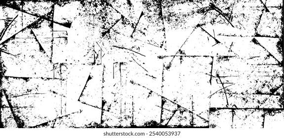 Abstrakter Hintergrund aus geometrischen Querlinien - monochrome, chaotische Textur mit beschädigten Kanten. Eine abstrakte schwarze Kratztextur auf weißem Hintergrund.