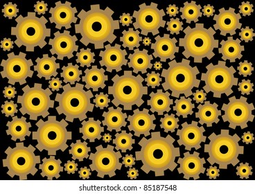 abstract background made of golden cogwheel silhouettes isolated on black background