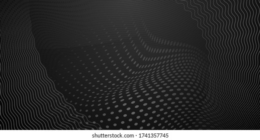 Abstract background made of halftone dots and curved lines in black and gray colors