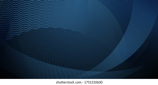 Fondo abstracto hecho de puntos de medio tono y líneas curvadas en colores azul oscuro