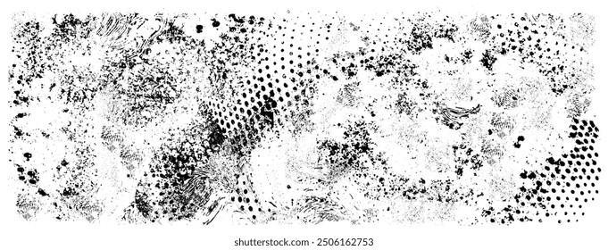 Abstract background made of halftones and inkblots. Grunge texture. Dust overlay distress grain. Monochrome distressed overlay background