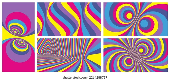 Abstract background made of many colored lines. Wavy pattern with optical illusion. Psychedelic stripes. Op art design. Vector illustration for brochure, flyer, card, banner or cover.