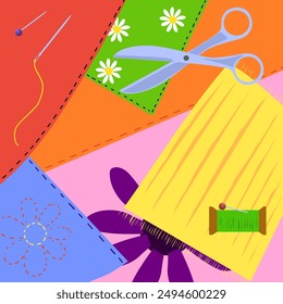 an abstract background made of patches of fabric embroidery and other attributes of needlework sewing and embroidery. warm colors of fabric cuts and several objects. scissors needles and threads for