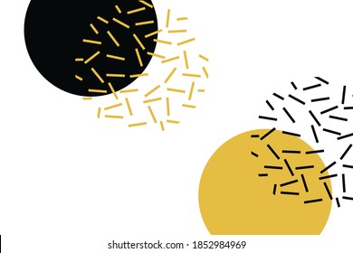 Abstract background made with simple geometric shapes. Modern, simple and playful vector art in yellow and black colors. Circles and particle lines are used.