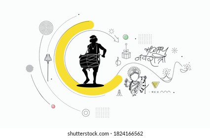 Abstract background with Man playing dhol tasha in Indian festival text happy navratri.