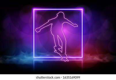 abstract background of man playing skateboard with neon frame