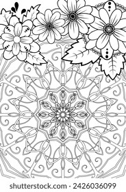 Abstract background with mandala with flowers, leaves and swirls on white background. Anti-stress coloring book. Decorative element for coloring book design for adults and children.