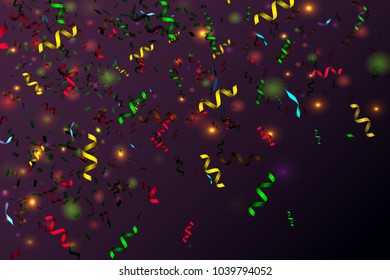 Abstract background with many falling Colorful bright confetti on black background. Festive vector illustration