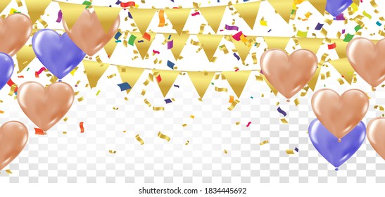 Abstract background with many falling colorful tiny confetti pieces and Festive background with balloons. Celebrate a birthday, Poster, banner happy