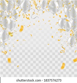 Abstract background with many falling colorful tiny confetti pieces and Festive background with balloons. Celebrate a birthday, Poster, banner happy