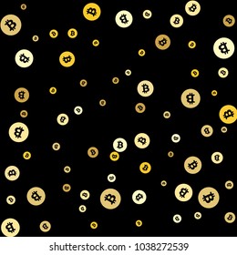 Abstract background with many falling gold bitcoin confetti. Vector background