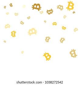 Abstract background with many falling gold bitcoin confetti. Vector background