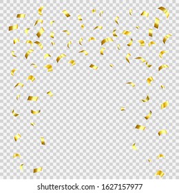 Abstract background with many falling gold tiny confetti pieces. Vector background with gold confetti.
