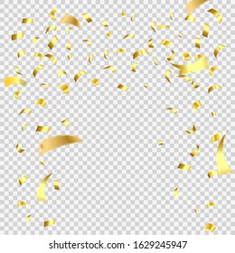 Abstract background with many falling gold tiny confetti pieces. Vector background with gold confetti.