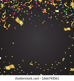Abstract background with many falling golden tiny confetti pieces. Vector background