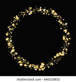 Abstract background with  many falling golden stars confetti on black background. Invitation background. Circle frame with gradient gold stars