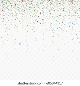 Abstract background with many falling stars and tiny confetti pieces different colors. Festive Illustration of colored particles isolated on transparent background. Holiday Decorative design element.