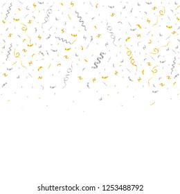Abstract background with many falling tiny silver and golden confetti pieces. vector illustration