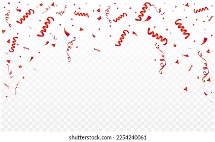 Abstract background with many falling tiny red gold confetti pieces on transparent vector background