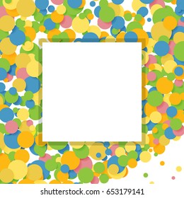 Abstract background with many falling tiny confetti pieces. Square banner free space in center for your text. Colorful explosion of confetti, isolated on white background.