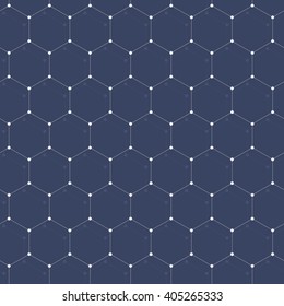 Abstract background with many hexagons with circles on vertexes, many connections, dots connected with thin lines