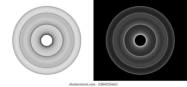 Abstract background with many parts of lines in circle. Art design spiral as logo or icon. A black figure on a white background and an equally white figure on the black side.