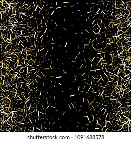 Abstract Background with Many Random Falling Golden Small Confetti on Background. Invitation Background. Banner, Greeting Card, Christmas and New Year card, Postcard, Packaging, Textile Print.
