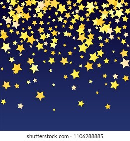 Abstract Background with Many Random Falling Yellow Stars Confetti. Invitation Background. 
 Banner, Greeting Card, Christmas card, Postcard, Packaging, Textile Print. Beautiful Night Sky