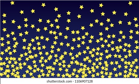Abstract Background with Many Random Falling Yellow Stars Confetti. Invitation Background. 
 Banner, Greeting Card, Christmas card, Postcard, Packaging, Textile Print. Beautiful Night Sky. Vector 