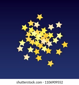 Abstract Background with Many Random Falling Yellow Stars Confetti. Invitation Background. 
 Banner, Greeting Card, Christmas card, Postcard, Packaging, Textile Print. Beautiful Night Sky
