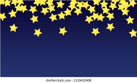 Abstract Background with Many Random Falling Yellow Stars Confetti. Invitation Background. 
 Banner, Greeting Card, Christmas card, Postcard, Packaging, Textile Print. Beautiful Night Sky. Vector 