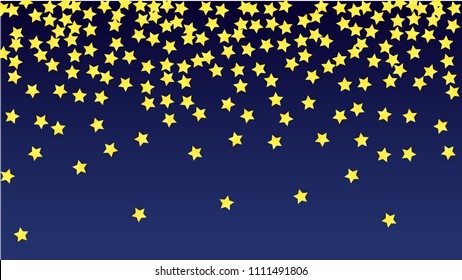 Abstract Background with Many Random Falling Yellow Stars Confetti. Invitation Background. 
 Banner, Greeting Card, Christmas card, Postcard, Packaging, Textile Print. Beautiful Night Sky. Vector 