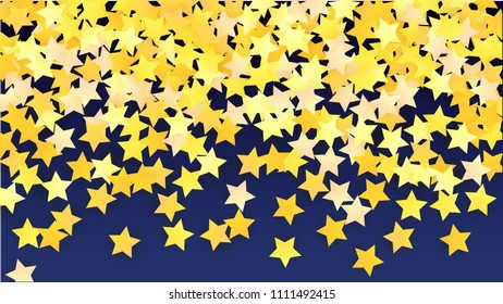 Abstract Background with Many Random Falling Yellow Stars Confetti. Invitation Background. 
 Banner, Greeting Card, Christmas card, Postcard, Packaging, Textile Print. Beautiful Night Sky. Vector 