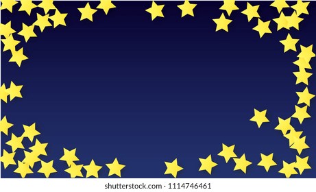Abstract Background with Many Random Falling Yellow Stars Confetti. Invitation Background. 
 Banner, Greeting Card, Christmas card, Postcard, Packaging, Textile Print. Beautiful Night Sky. Vector 