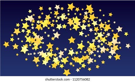 Abstract Background with Many Random Falling Yellow Stars Confetti. Invitation Background. 
 Banner, Greeting Card, Christmas card, Postcard, Packaging, Textile Print. Beautiful Night Sky