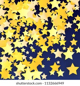 Abstract Background with Many Random Falling Yellow Stars Confetti. Invitation Background. 
 Banner, Greeting Card, Christmas card, Postcard, Packaging, Textile Print. Beautiful Night Sky. Vector 