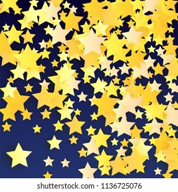 Abstract Background with Many Random Falling Yellow Stars Confetti. Invitation Background. 
 Banner, Greeting Card, Christmas card, Postcard, Packaging, Textile Print. Beautiful Night Sky. Vector 