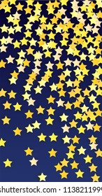 Abstract Background with Many Random Falling Golden Stars Confetti. Invitation Background. Banner, Greeting Card, Christmas and New Year card, Postcard, Packaging, Textile Print. Beautiful Night Sky
