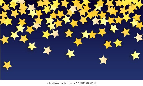 Abstract Background with Many Random Falling Yellow Stars Confetti. Invitation Background. 
 Banner, Greeting Card, Christmas card, Postcard, Packaging, Textile Print. Beautiful Night Sky