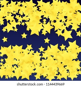 Abstract Background with Many Random Falling Yellow Stars Confetti. Invitation Background. Banner, Greeting Card, Christmas card, Postcard, Packaging, Textile Print. Beautiful Night Sky. Vector 