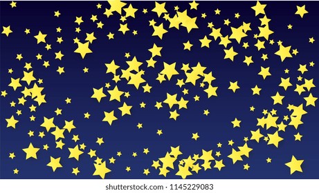 Abstract Background with Many Random Falling Yellow Stars Confetti. Invitation Background. 
 Banner, Greeting Card, Christmas card, Postcard, Packaging, Textile Print. Beautiful Night Sky. Vector 