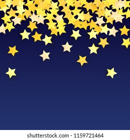 Abstract Background with Many Random Falling Yellow Stars Confetti. Invitation Background. 
 Banner, Greeting Card, Christmas card, Postcard, Packaging, Textile Print. Beautiful Night Sky. Vector 